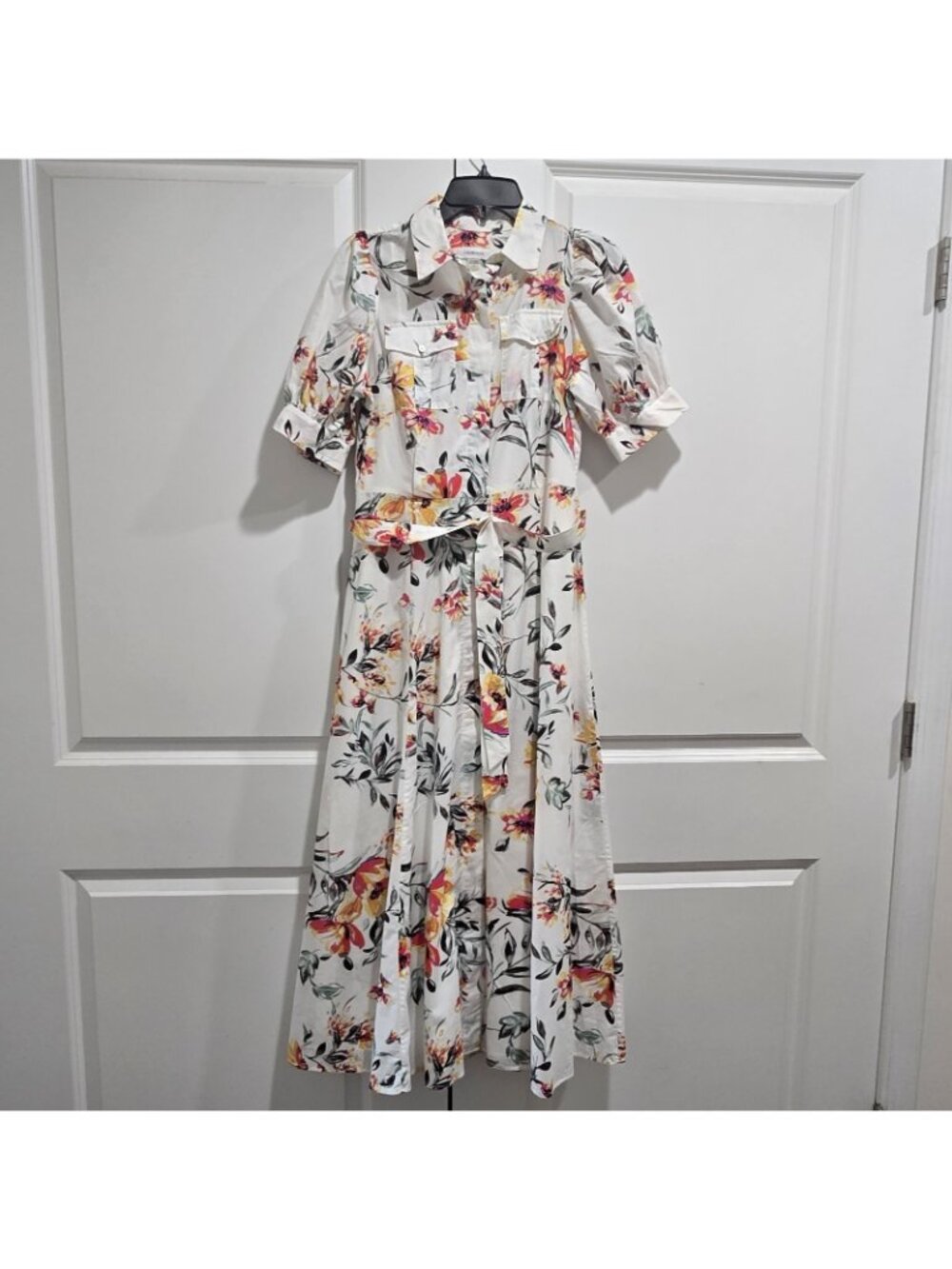 Calvin Klein - 2 Floral Midi Shirt Dress Cotton Belted Puff Sleeve Chest Pockets - Picture 2 of 11